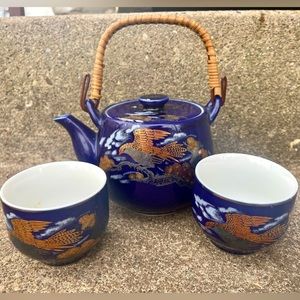 RARE VTG Cobalt Blue Asian Style Porcelain Tea SET with REDTAIL HAWK